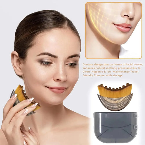 Woman using a skincare tool with close-up inset and product details on a light gray background