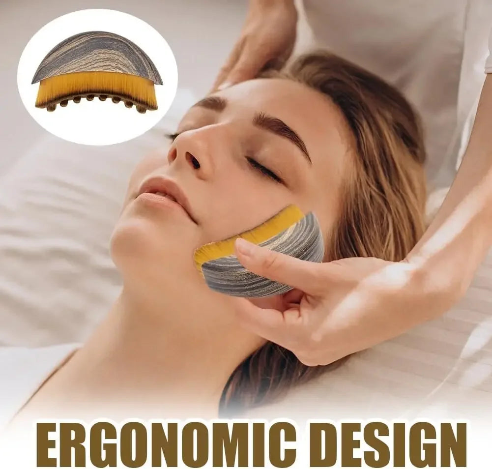 Woman receiving facial treatment with a brush, inset showing brush design, and text 'Ergonomic Design' on a neutral background.