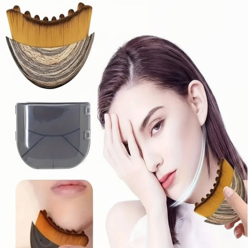 A beauty device with a gold and brown striped bristle head and a dark gray plastic casing, shown alongside a model demonstrating its use on the neck and jawline.