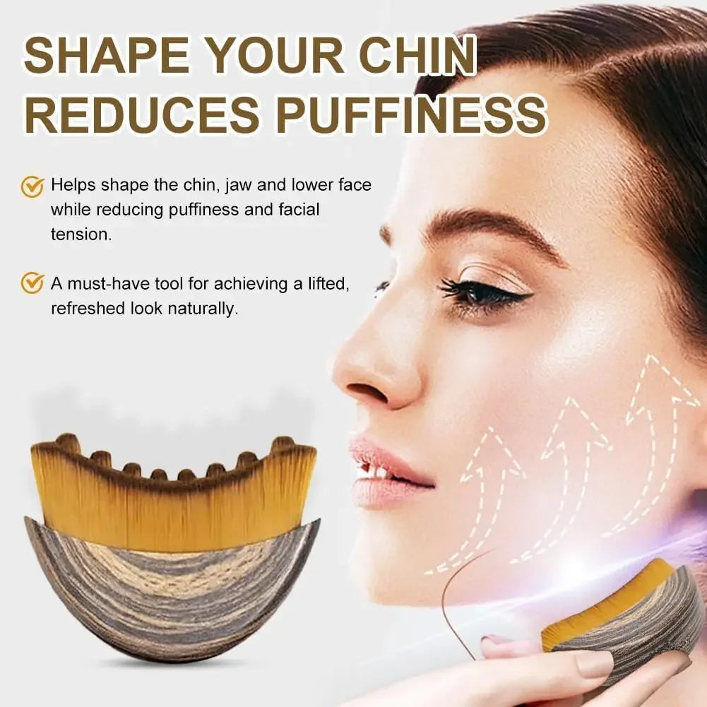 Facial tool for reducing puffiness and facial tension with a woman's face and text overlay.
