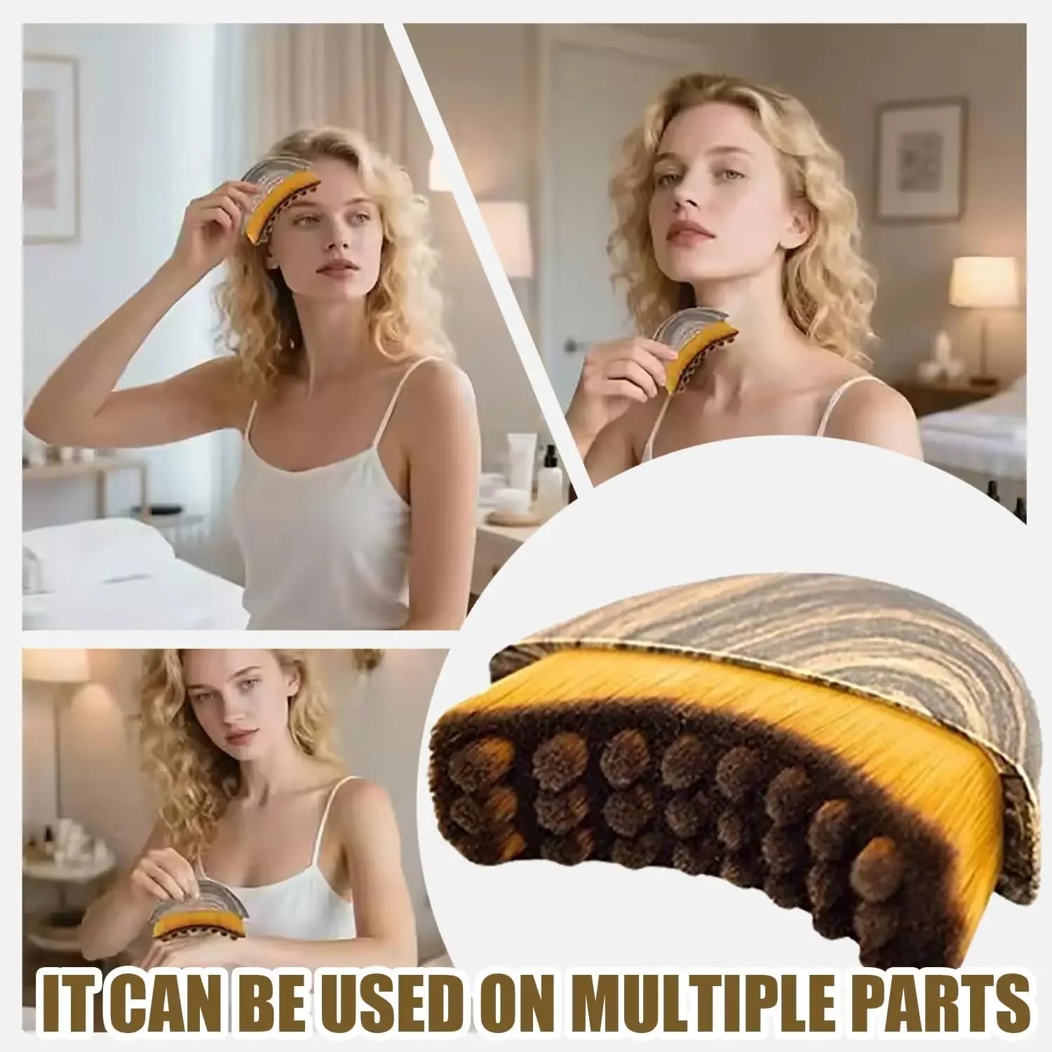 Woman using a hair care product with close-up of the product and text 'It can be used on multiple parts'.